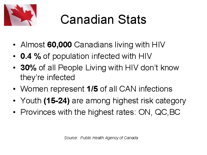 Canadian Stats • Almost 60, 000 Canadians living with HIV • 0. 4 % Canadian Stats • Almost 60, 000 Canadians living with HIV • 0. 4 %