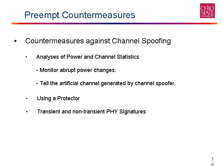 Preempt Countermeasures • Countermeasures against Channel Spoofing • Analyses of Power and Channel Statistics