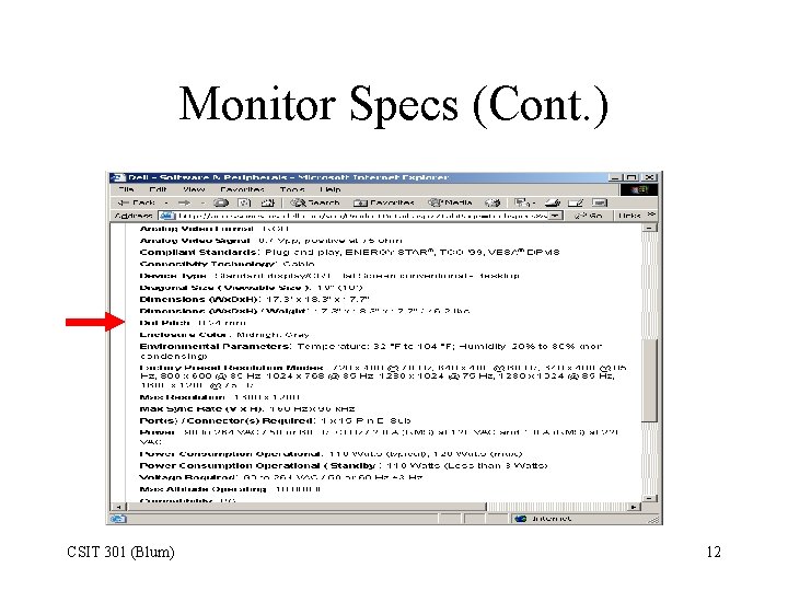 Monitor Specs (Cont. ) CSIT 301 (Blum) 12 