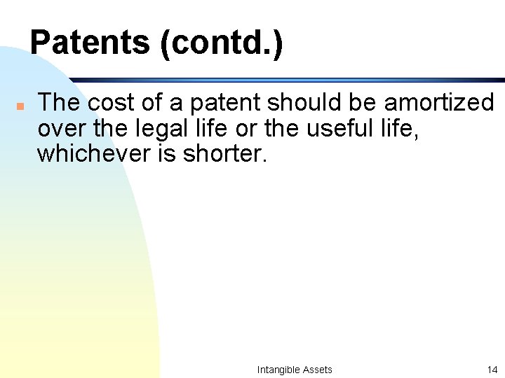 Patents (contd. ) n The cost of a patent should be amortized over the