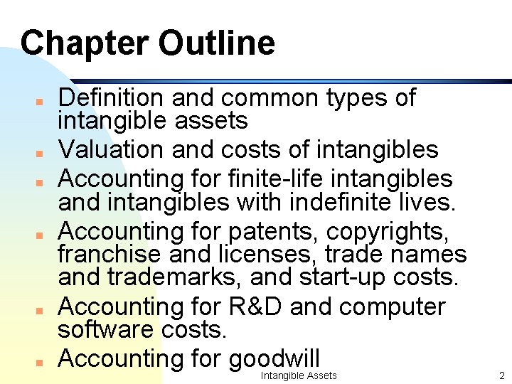 Chapter Outline n n n Definition and common types of intangible assets Valuation and