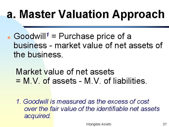 a. Master Valuation Approach n Goodwill 1 = Purchase price of a business -
