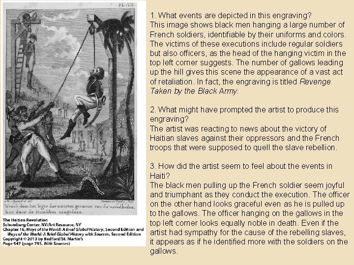 1. What events are depicted in this engraving? This image shows black men hanging