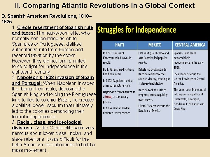 II. Comparing Atlantic Revolutions in a Global Context D. Spanish American Revolutions, 1810– 1825