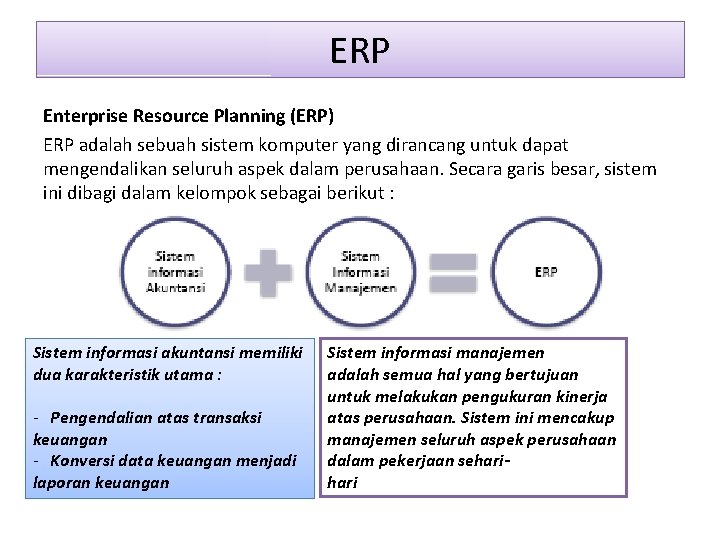ERP Enterprise Resource Planning (ERP) ERP adalah sebuah sistem komputer yang dirancang untuk dapat