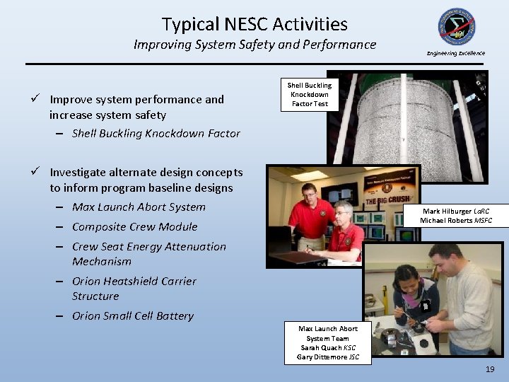 Typical NESC Activities Improving System Safety and Performance ü Improve system performance and increase