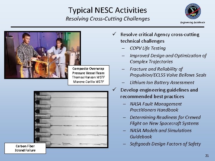 Typical NESC Activities Resolving Cross-Cutting Challenges Engineering Excellence ü Resolve critical Agency cross-cutting technical