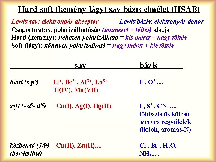 Hard-soft (kemény-lágy) sav-bázis elmélet (HSAB) Lewis sav: elektronpár akceptor Lewis bázis: elektronpár donor Csoportosítás: