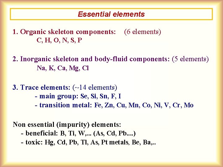 Essential elements 1. Organic skeleton components: (6 elements) C, H, O, N, S, P