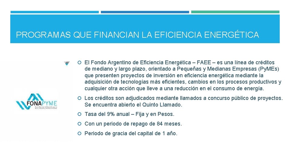 PROGRAMAS QUE FINANCIAN LA EFICIENCIA ENERGÉTICA El Fondo Argentino de Eficiencia Energética – FAEE