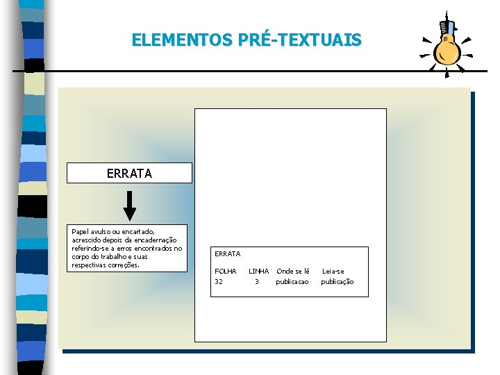 ELEMENTOS PRÉ-TEXTUAIS ERRATA Papel avulso ou encartado, acrescido depois da encadernação referindo-se a erros