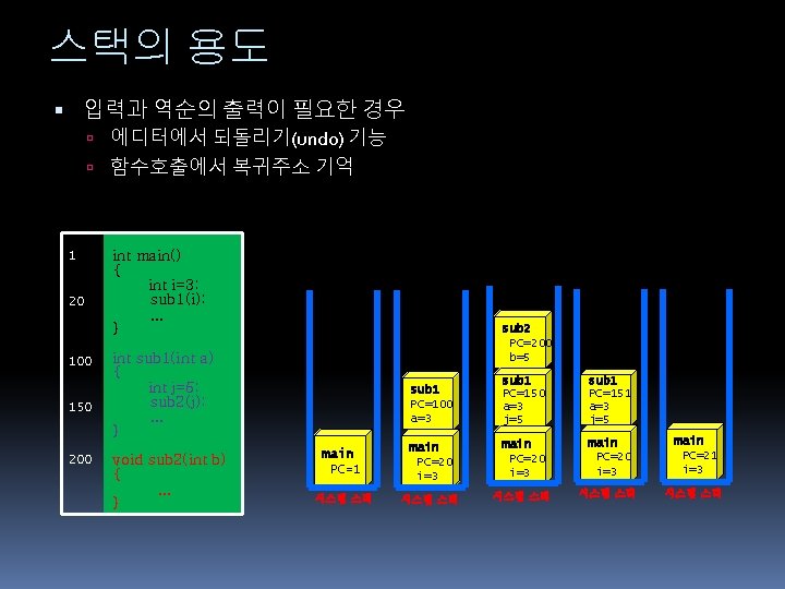 스택의 용도 입력과 역순의 출력이 필요한 경우 에디터에서 되돌리기(undo) 기능 함수호출에서 복귀주소 기억 1