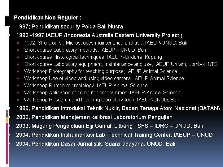  Pendidikan Non Reguler : 1987; Pendidikan security Polda Bali Nusra 1992 -1997 IAEUP