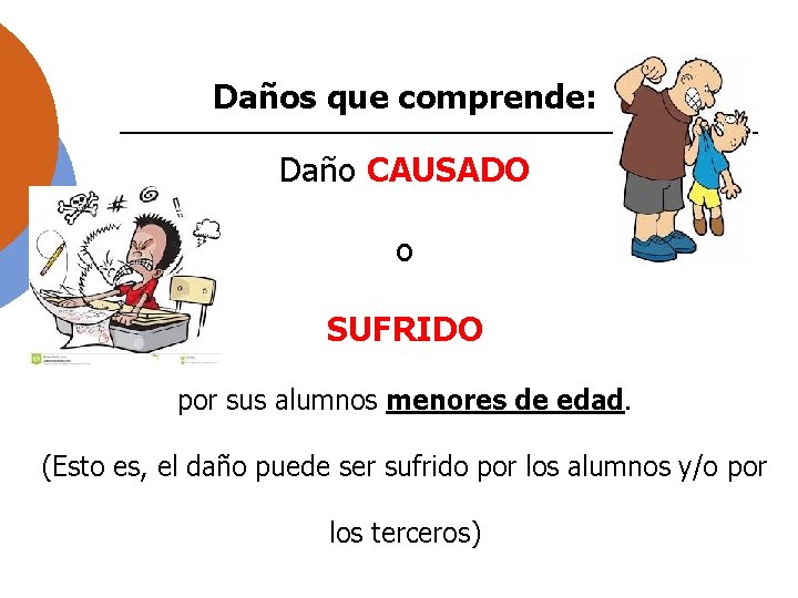 Daños que comprende: Daño CAUSADO o SUFRIDO por sus alumnos menores de edad. (Esto