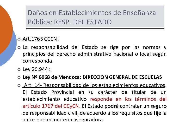 Daños en Establecimientos de Enseñanza Pública: RESP. DEL ESTADO Art. 1765 CCCN: La responsabilidad