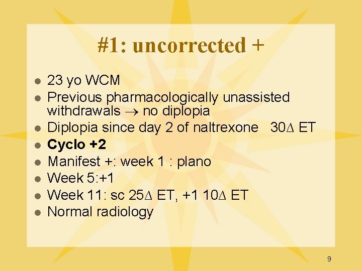 #1: uncorrected + l l l l 23 yo WCM Previous pharmacologically unassisted withdrawals