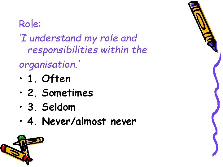 Role: ‘I understand my role and responsibilities within the organisation. ’ • 1. Often