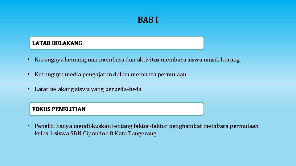 BAB I LATAR BELAKANG • Kurangnya kemampuan membaca dan aktivitas membaca siswa masih kurang. BAB I LATAR BELAKANG • Kurangnya kemampuan membaca dan aktivitas membaca siswa masih kurang.