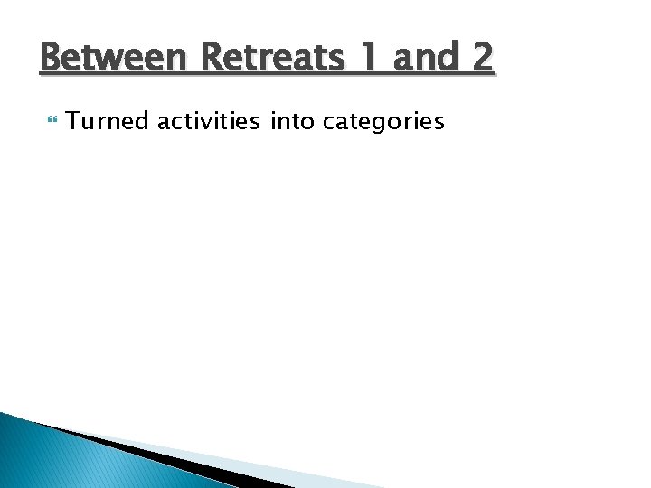 Between Retreats 1 and 2 Turned activities into categories 