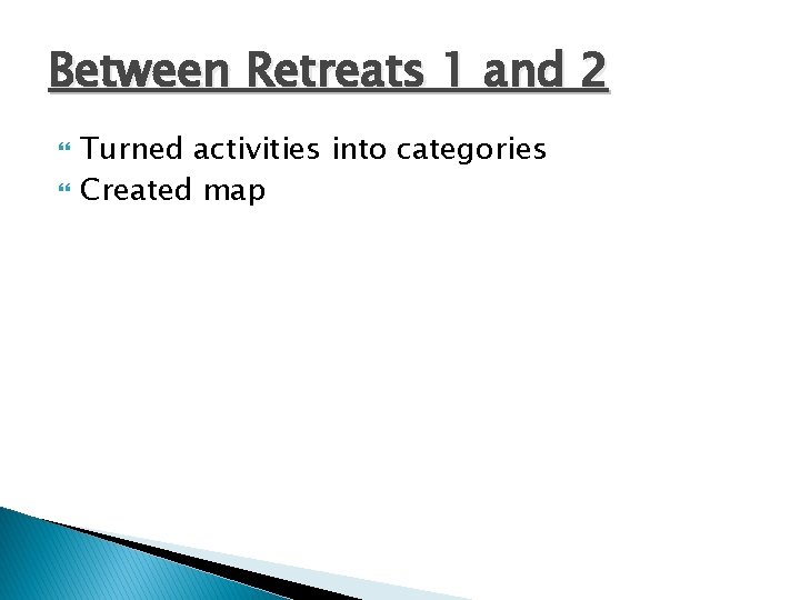 Between Retreats 1 and 2 Turned activities into categories Created map 