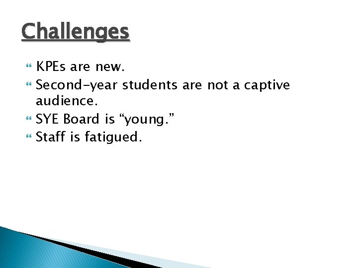 Challenges KPEs are new. Second-year students are not a captive audience. SYE Board is