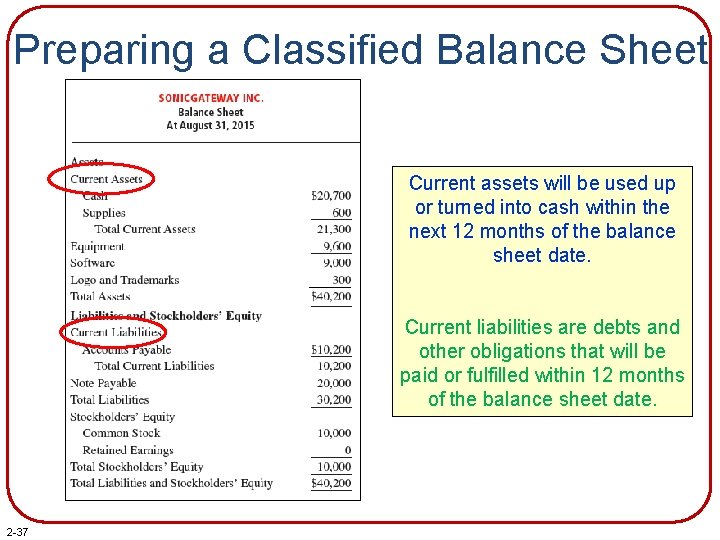 Preparing a Classified Balance Sheet Current assets will be used up or turned into