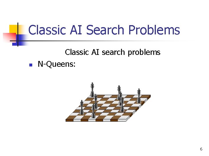 Classic AI Search Problems n Classic AI search problems N-Queens: 6 