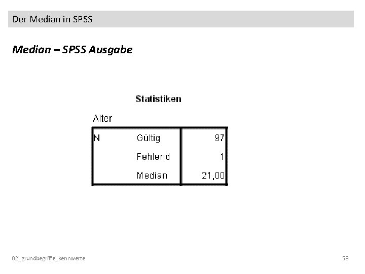 Der Median in SPSS Median – SPSS Ausgabe 02_grundbegriffe_kennwerte 58 