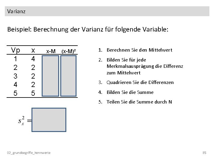 Varianz Beispiel: Berechnung der Varianz für folgende Variable: Vp 1 2 3 4 5