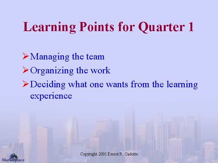 Learning Points for Quarter 1 Ø Managing the team Ø Organizing the work Ø