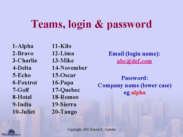 Teams, login & password 1 -Alpha 2 -Bravo 3 -Charlie 4 -Delta 5 -Echo
