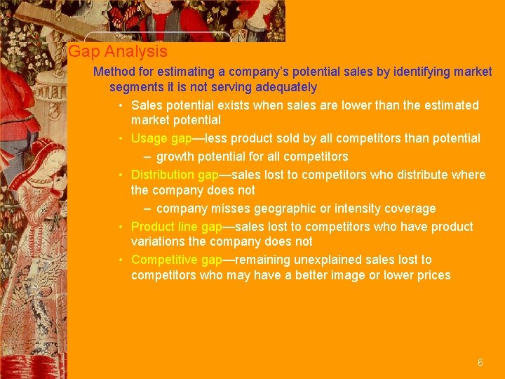 Gap Analysis Method for estimating a company’s potential sales by identifying market segments it