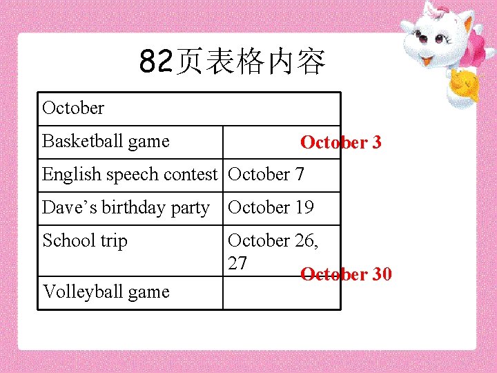 82页表格内容 October Basketball game October 3 English speech contest October 7 Dave’s birthday party