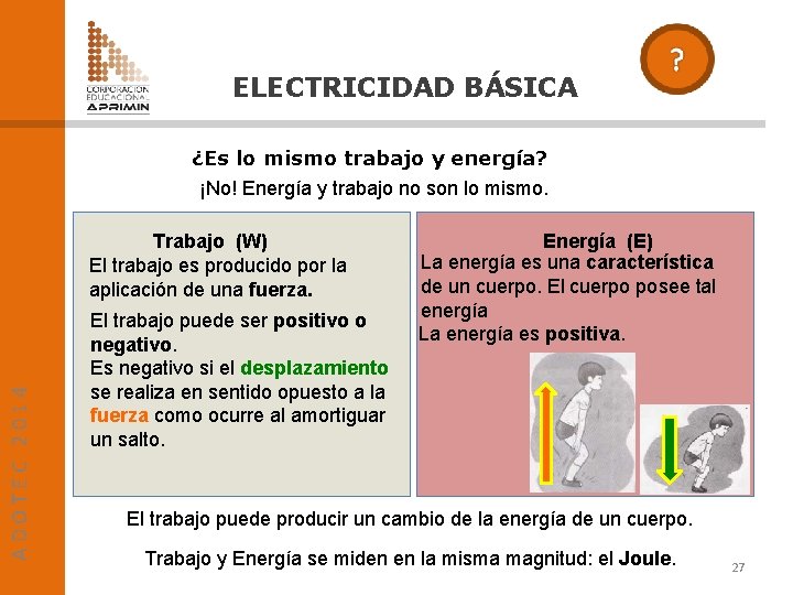 ELECTRICIDAD BÁSICA ¿Es lo mismo trabajo y energía? ¡No! Energía y trabajo no son