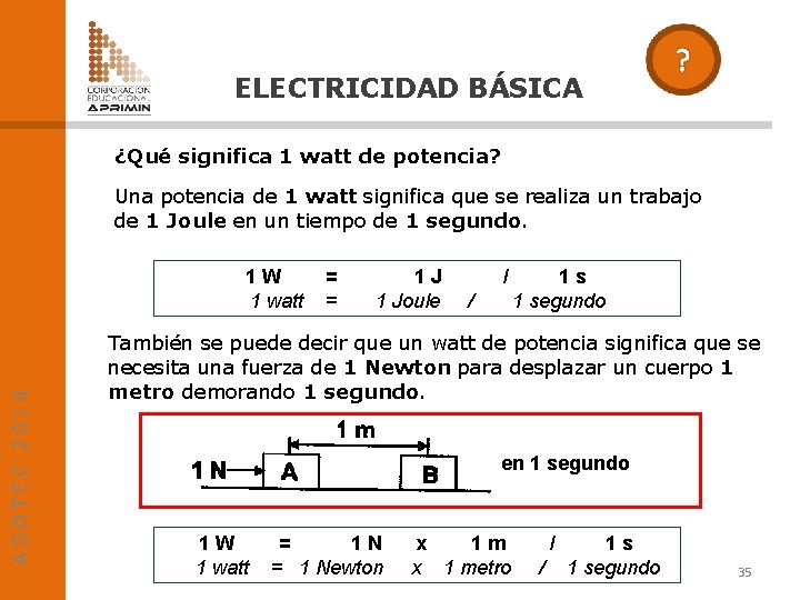 ELECTRICIDAD BÁSICA ¿Qué significa 1 watt de potencia? Una potencia de 1 watt significa