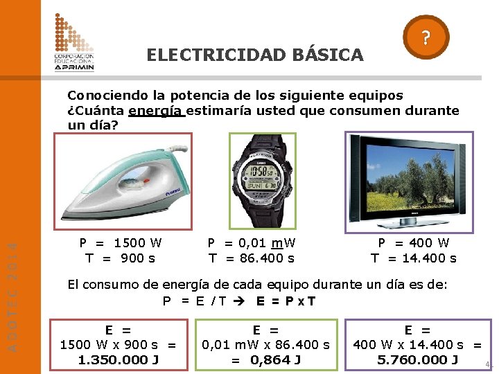 ELECTRICIDAD BÁSICA ADOTEC 2014 Conociendo la potencia de los siguiente equipos ¿Cuánta energía estimaría