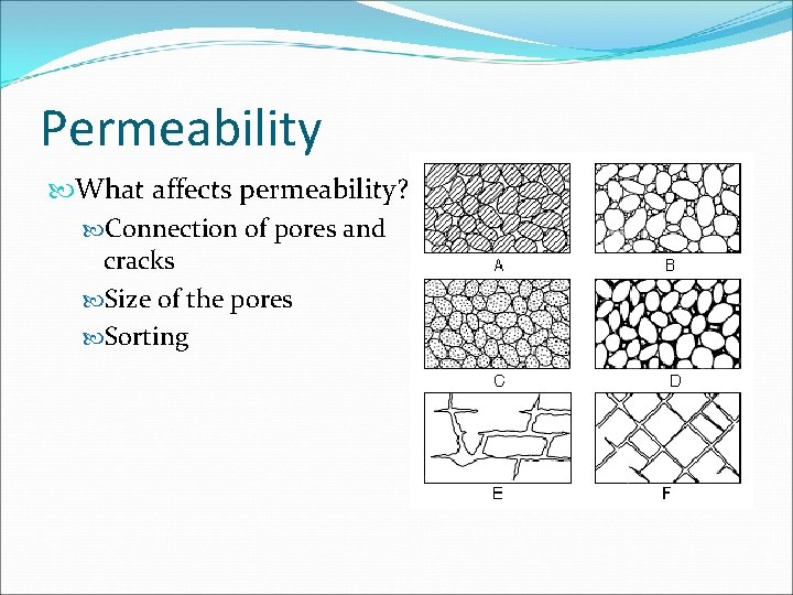 Permeability What affects permeability? Connection of pores and cracks Size of the pores Sorting