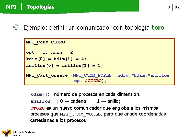 MPI Topologías 3 Ejemplo: definir un comunicador con topología toro MPI_Comm CTORO. . .
