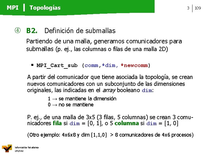 MPI Topologías 3 B 2. Definición de submallas Partiendo de una malla, generamos comunicadores