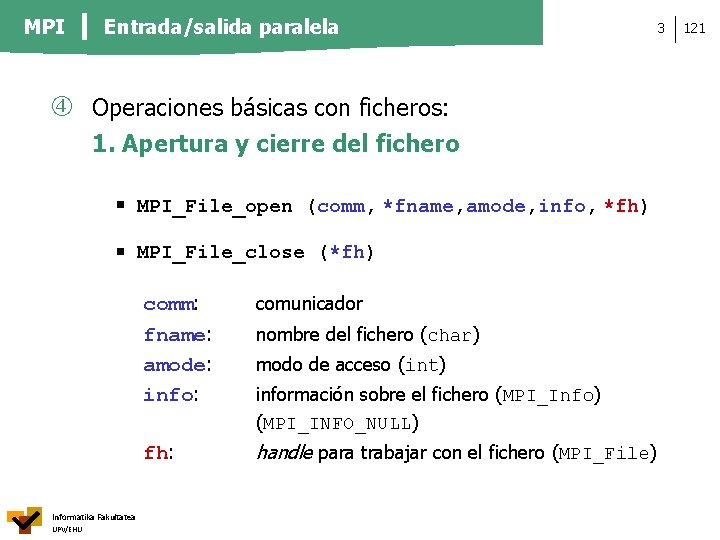 MPI Entrada/salida paralela Operaciones básicas con ficheros: 1. Apertura y cierre del fichero MPI_File_open