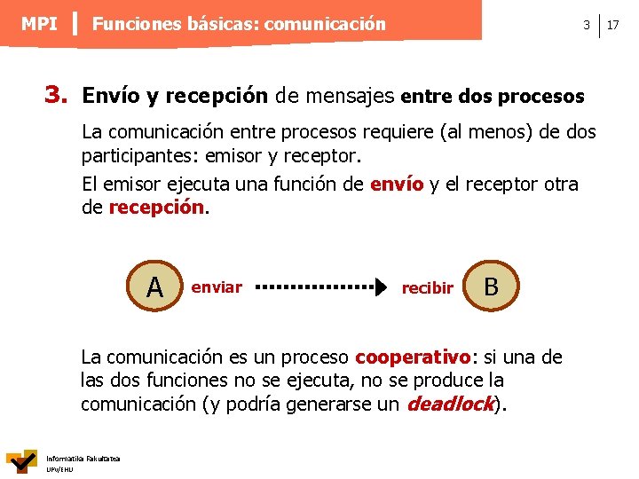 MPI Funciones básicas: comunicación 3 3. Envío y recepción de mensajes entre dos procesos