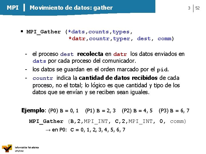 Movimiento de datos: gather MPI 3 MPI_Gather (*dats, counts, types, *datr, countr, typer, dest,