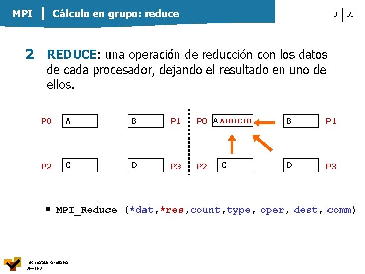 Cálculo en grupo: reduce MPI 3 55 2 REDUCE: una operación de reducción con