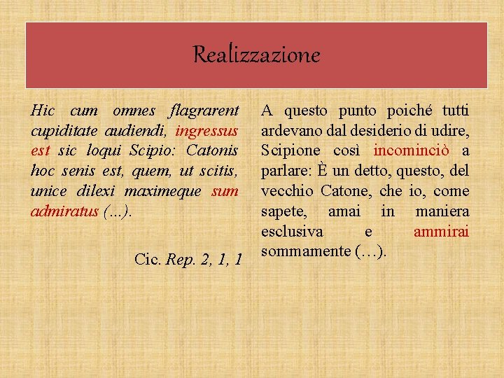 Realizzazione Hic cum omnes flagrarent cupiditate audiendi, ingressus est sic loqui Scipio: Catonis hoc