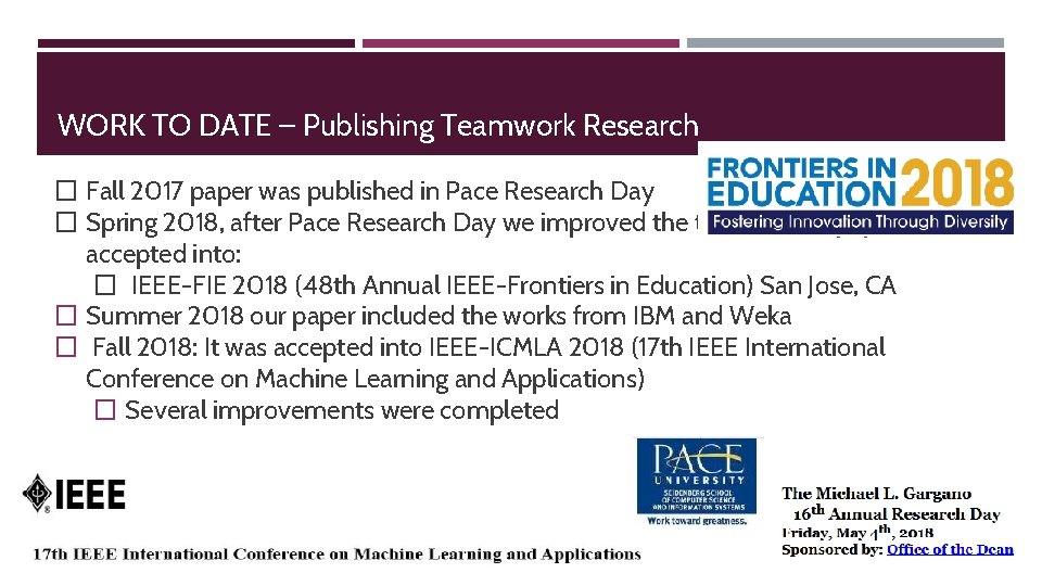WORK TO DATE – Publishing Teamwork Research � Fall 2017 paper was published in