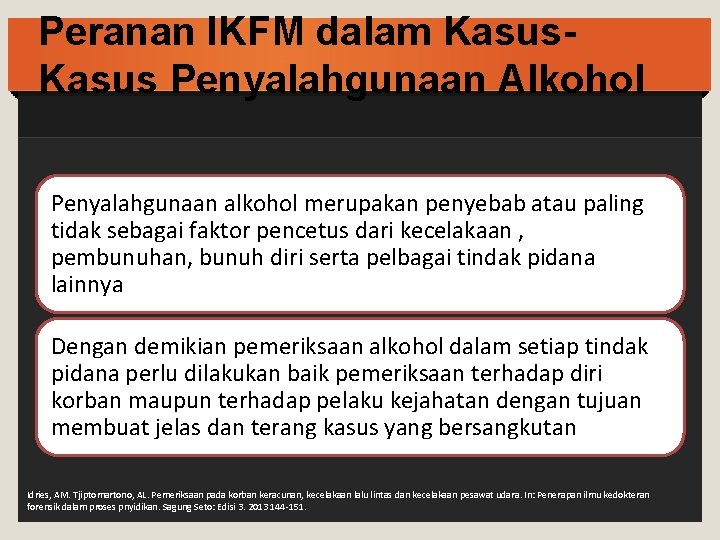 Peranan IKFM dalam Kasus Penyalahgunaan Alkohol Penyalahgunaan alkohol merupakan penyebab atau paling tidak sebagai