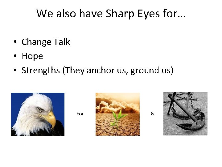 We also have Sharp Eyes for… • Change Talk • Hope • Strengths (They