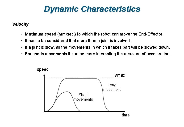 Dynamic Characteristics Velocity • Maximum speed (mm/sec. ) to which the robot can move