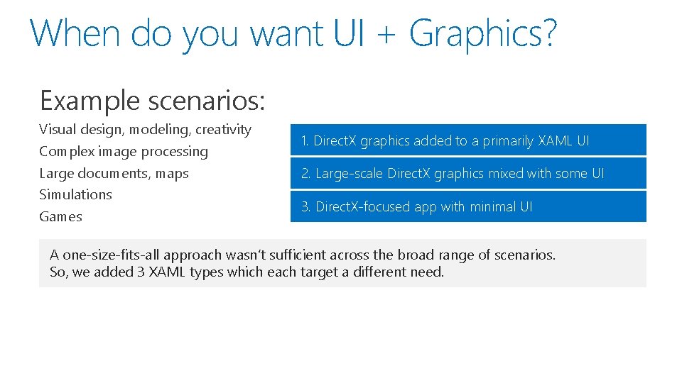 When do you want UI + Graphics? Example scenarios: Visual design, modeling, creativity Complex