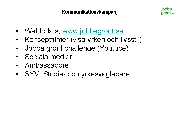 Kommunikationskampanj • • • Webbplats, www. jobbagrönt. se Konceptfilmer (visa yrken och livsstil) Jobba